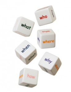 Dobbelstenen Dobbelstenen met daarop What, When, Who, Why.